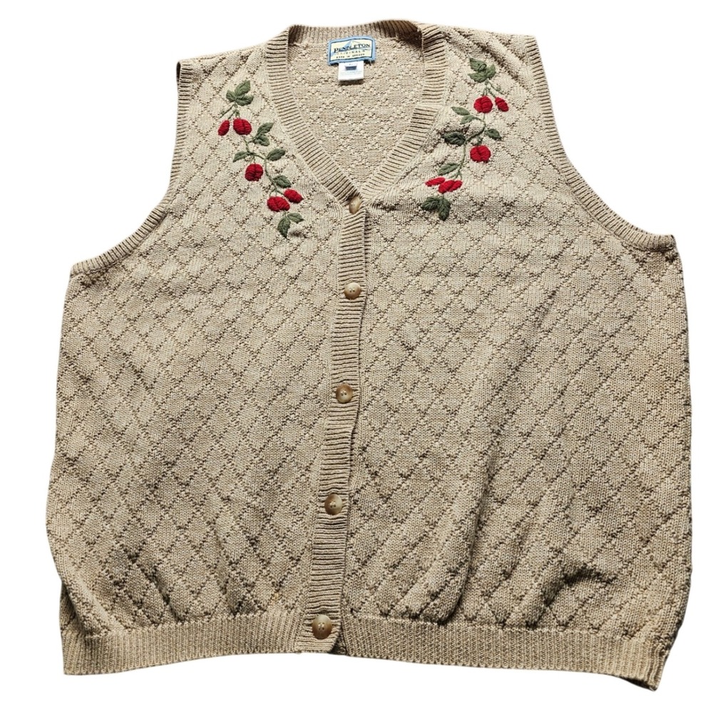 Pendleton Embroidered Floral Berry Sweater Vest Womens L Tan Linen Cotton Knit